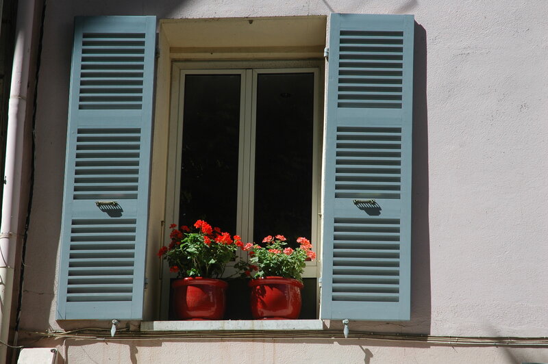 Blue shutters with red flowers