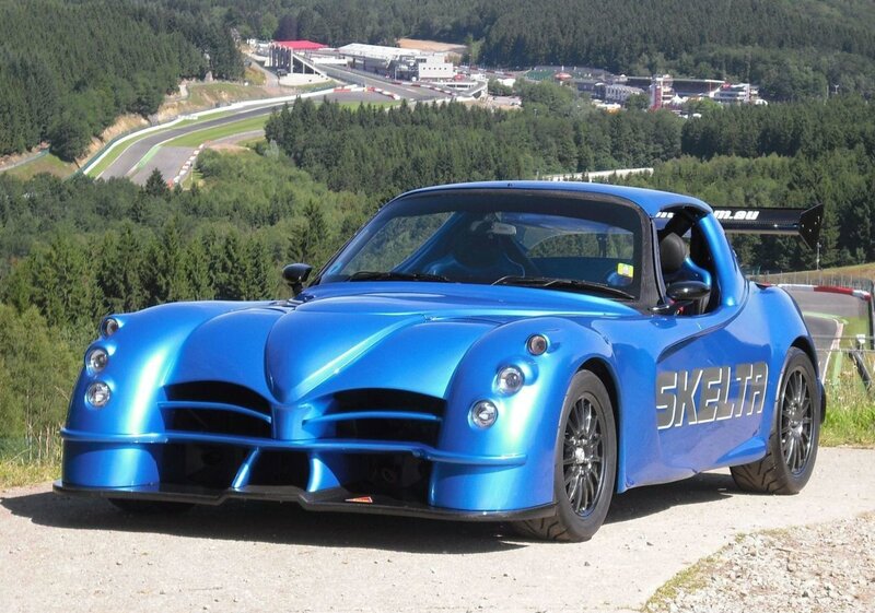 Blue Skelta race car on track