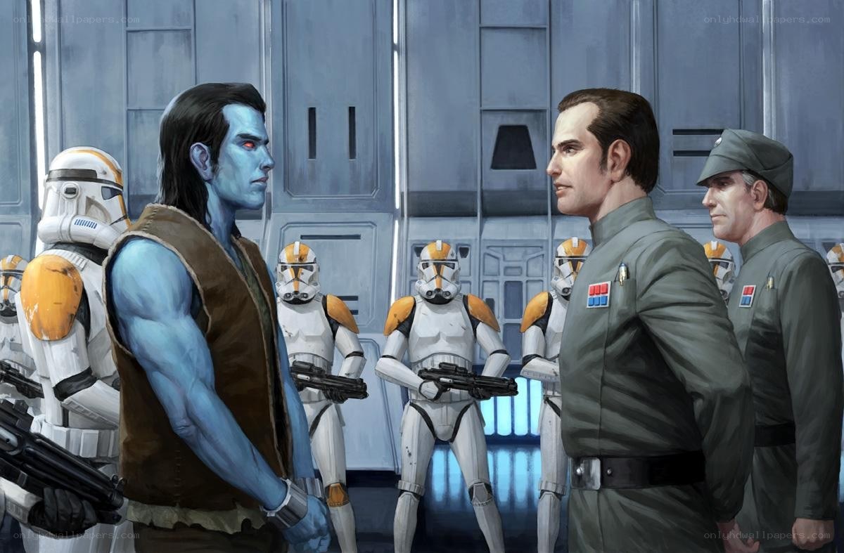 Blue-skinned alien confronts Imperial officers