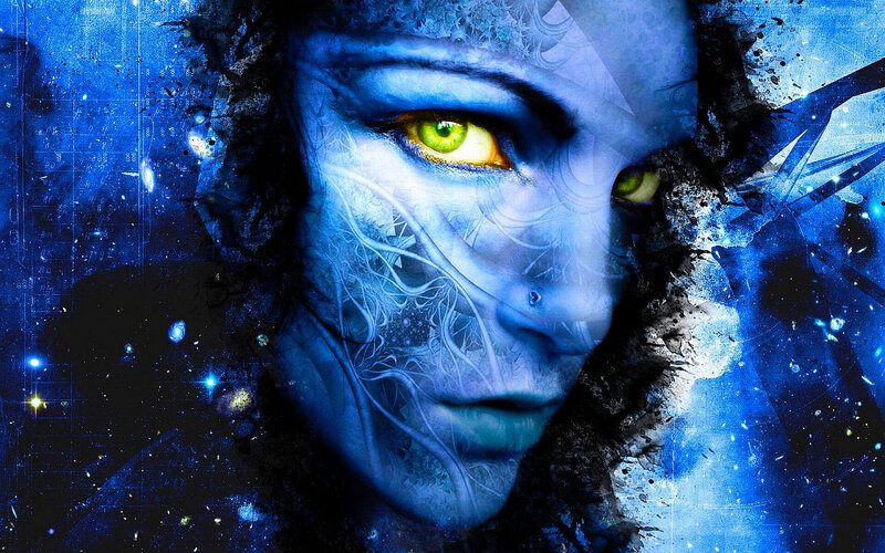Blue-skinned Alien Face — Blue, Dramatic, Digital Art, Green Eyes