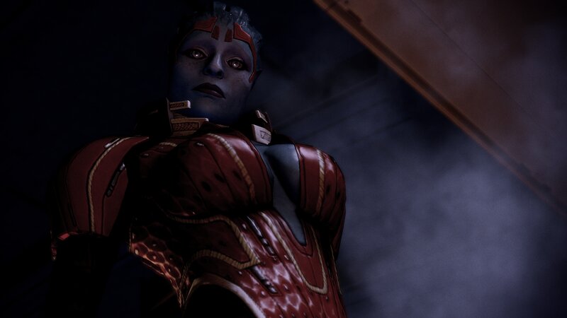 Blue-skinned Alien in Armor — Red, Dramatic
