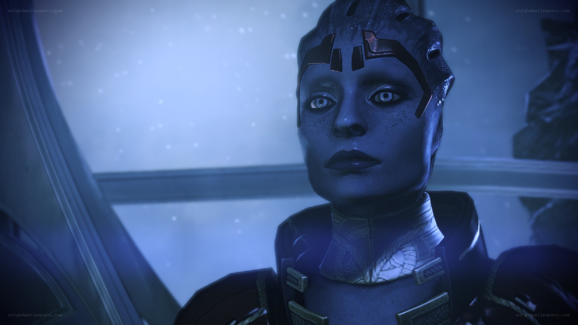 blue-skinned alien in futuristic armor