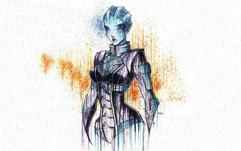 Blue-skinned Alien Warrior — Blue, Dramatic, Digital Art, Armor, Splatter Paint