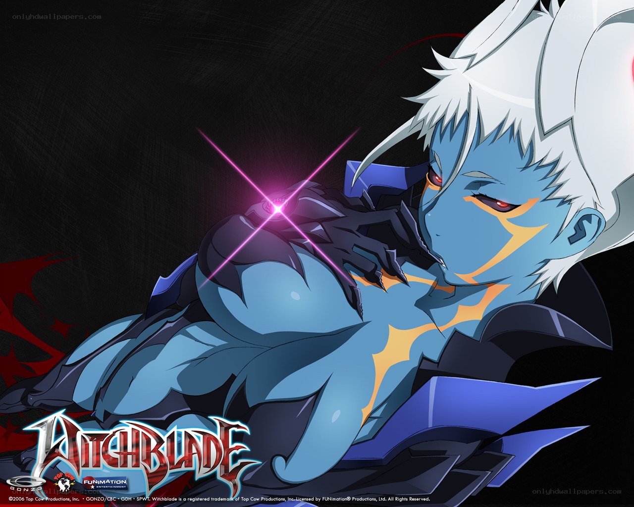 Blue-skinned anime character with glowing weapon