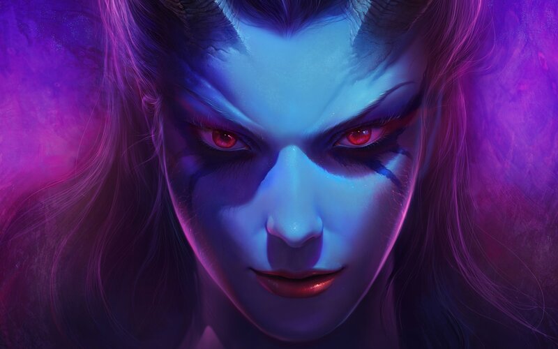 Blue-skinned Character — Blue, Dramatic, Digital Art, Red Eyes