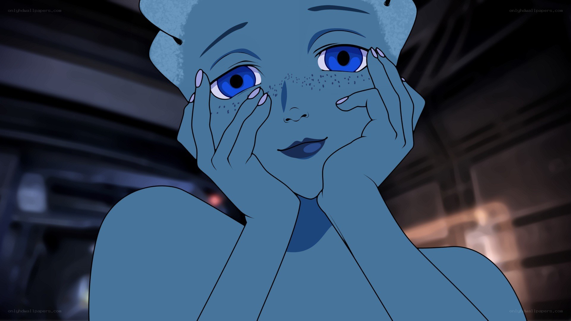 blue-skinned character in contemplation