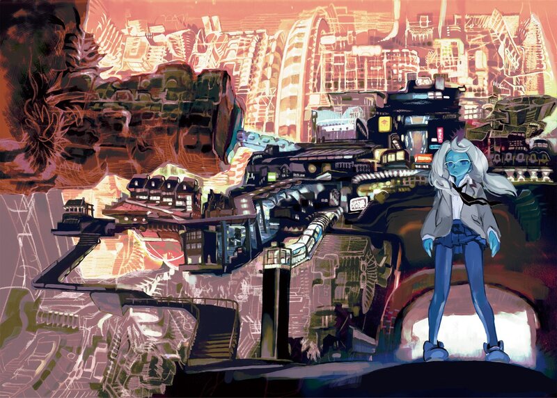 Blue-skinned character in futuristic city