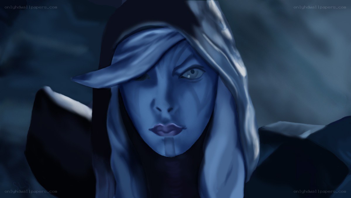 blue-skinned character in hood