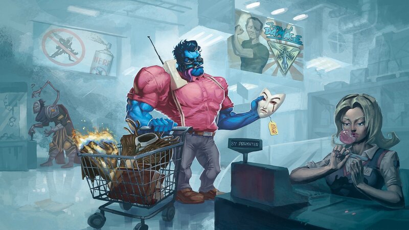 Blue-skinned Character in Store