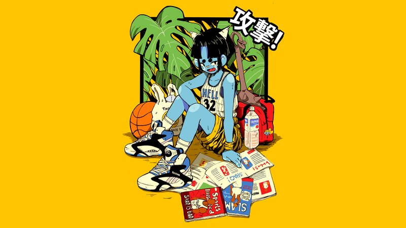 Blue-skinned Character Sitting — Yellow