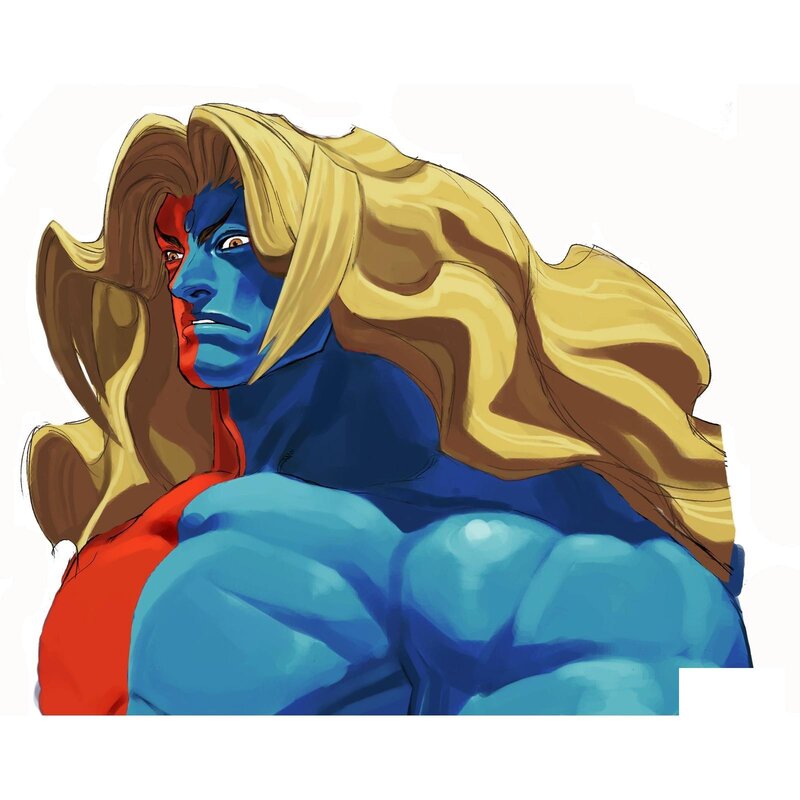blue-skinned character with blonde hair