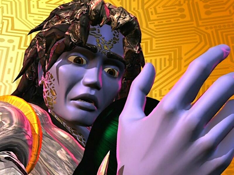 blue-skinned character with circuit background