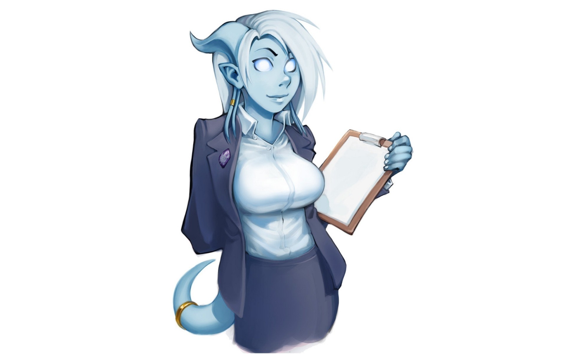 blue-skinned character with clipboard