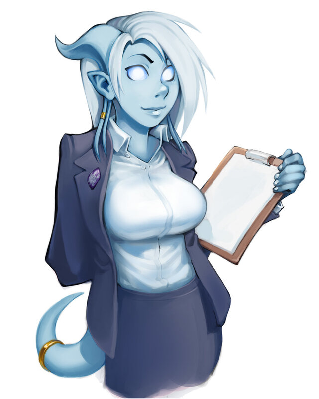 blue-skinned character with clipboard