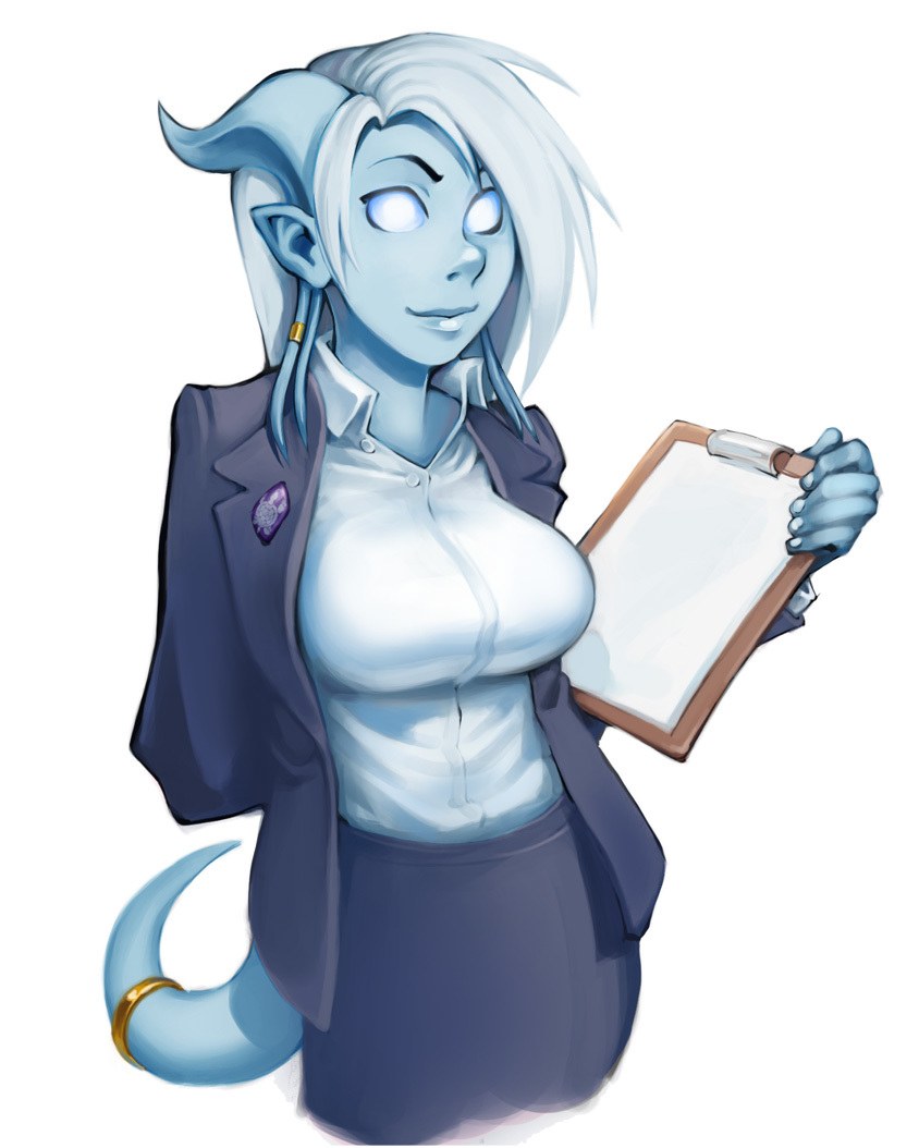 blue-skinned character with clipboard