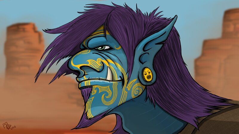 Blue-skinned Character with Purple Hair