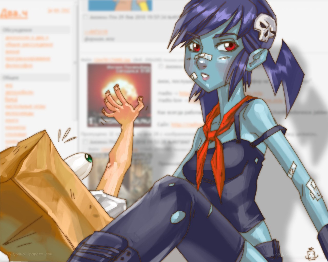 blue-skinned character with skull accessory