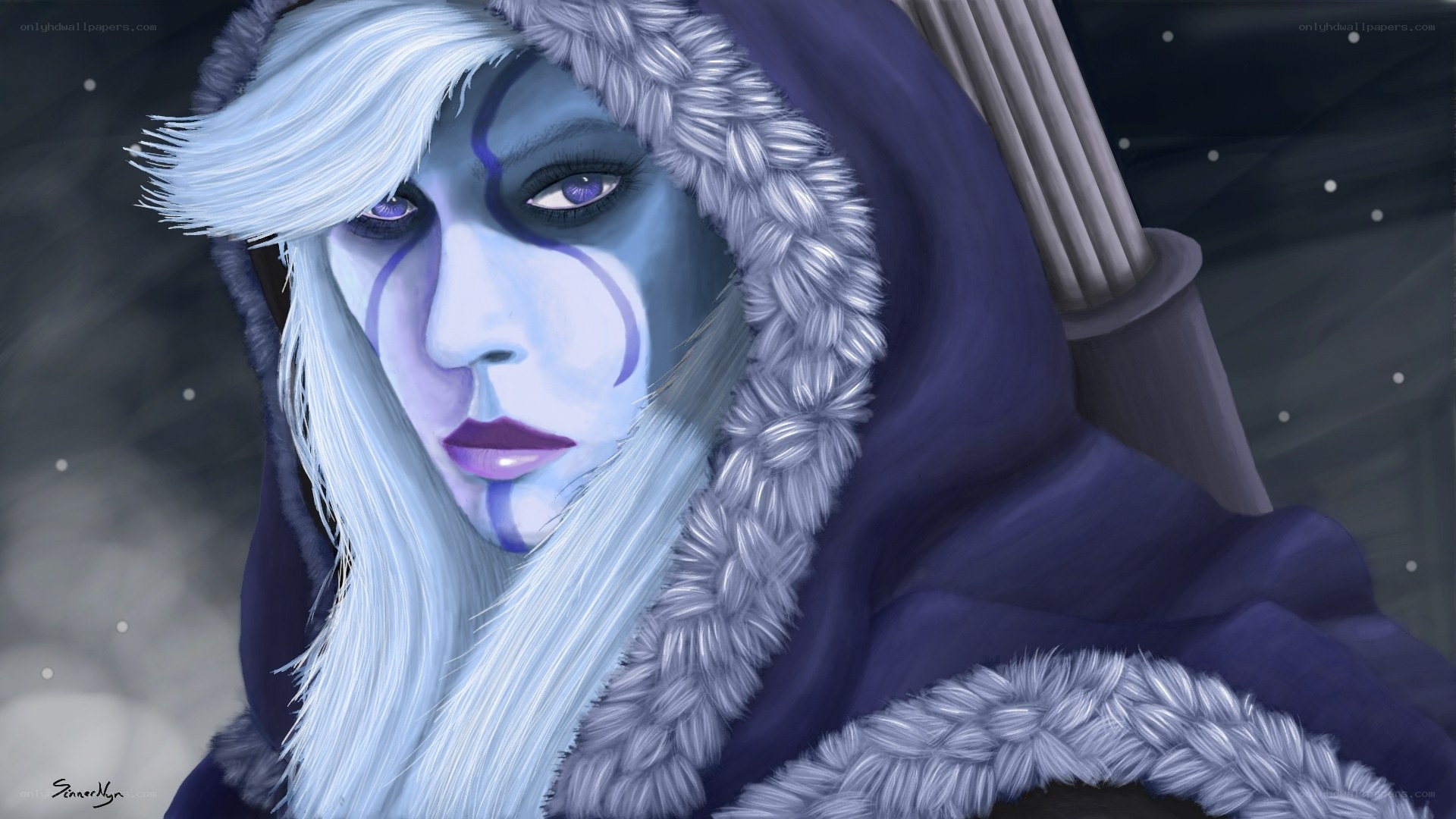 blue-skinned character with white hair