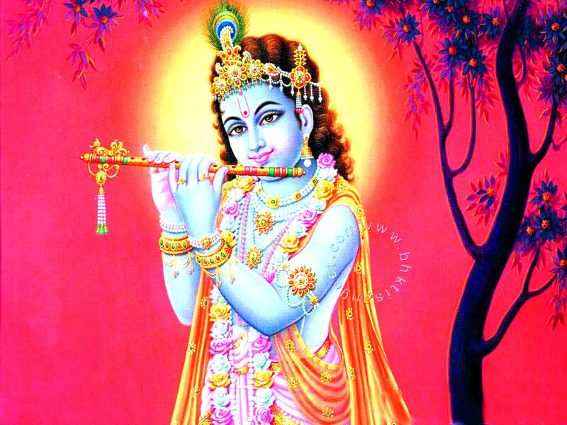 Blue-skinned Deity Playing Flute — Red