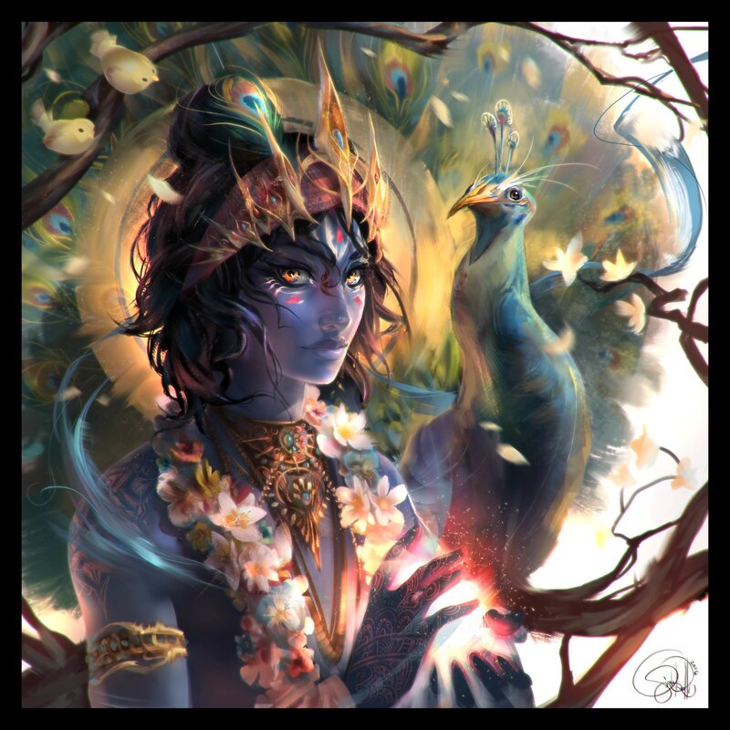 Blue-skinned Deity with Peacock