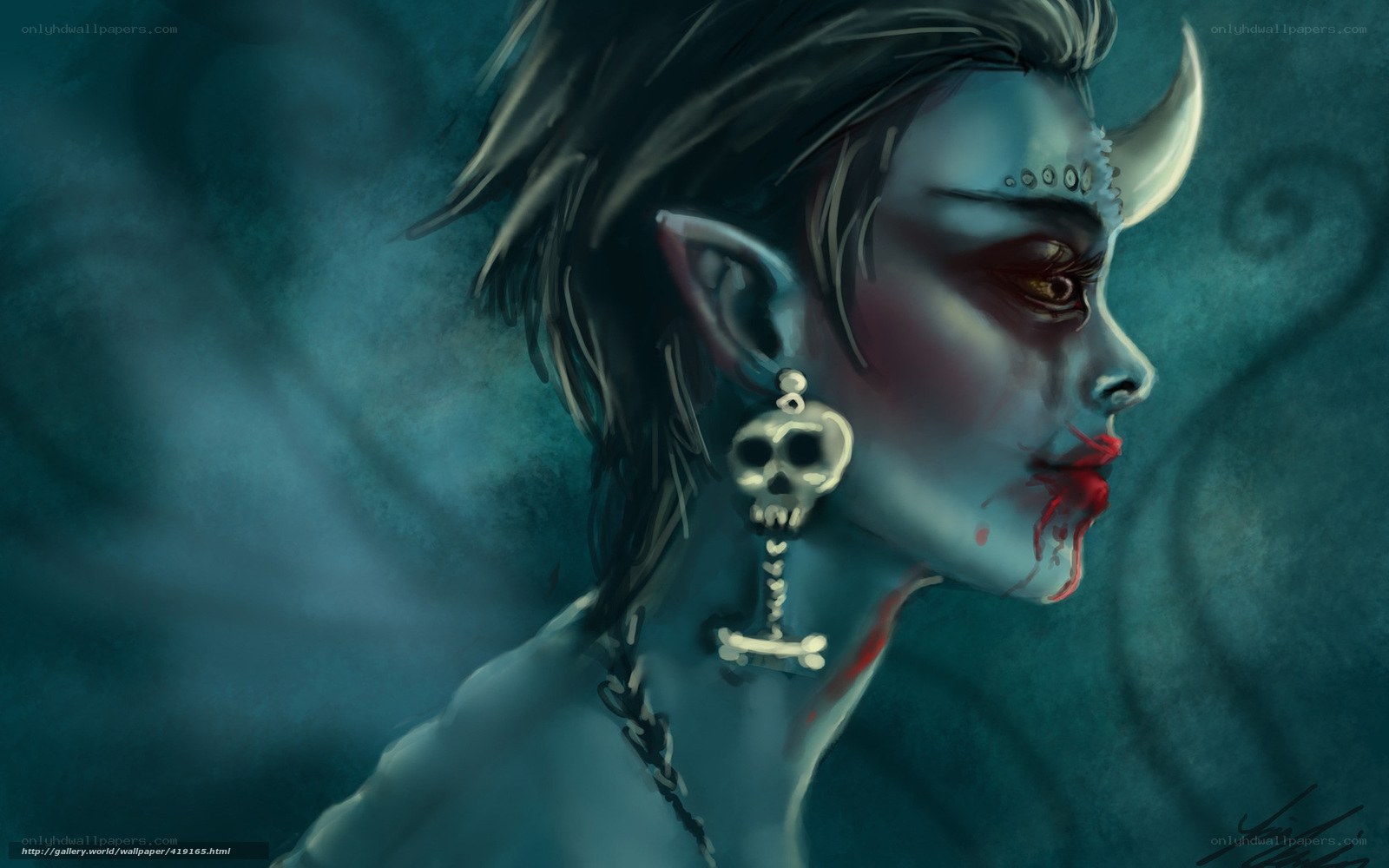 blue-skinned demon with skull earring