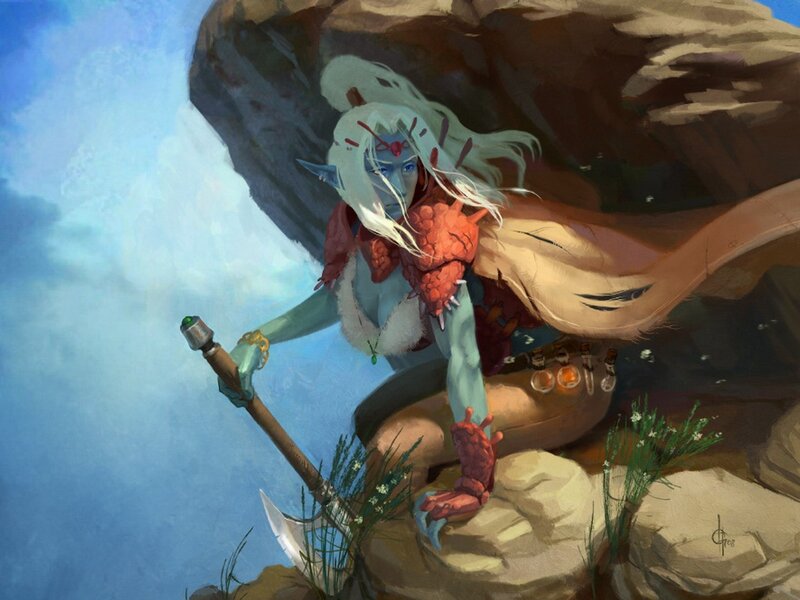 Blue-skinned Elf with Axe