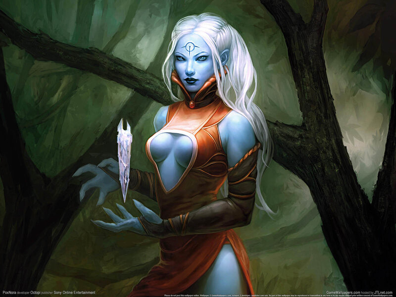 Blue-skinned elf with crystal