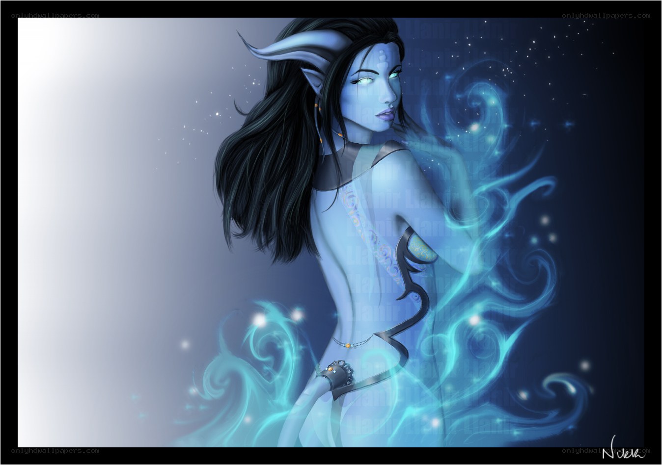 Blue-skinned elf with glowing energy