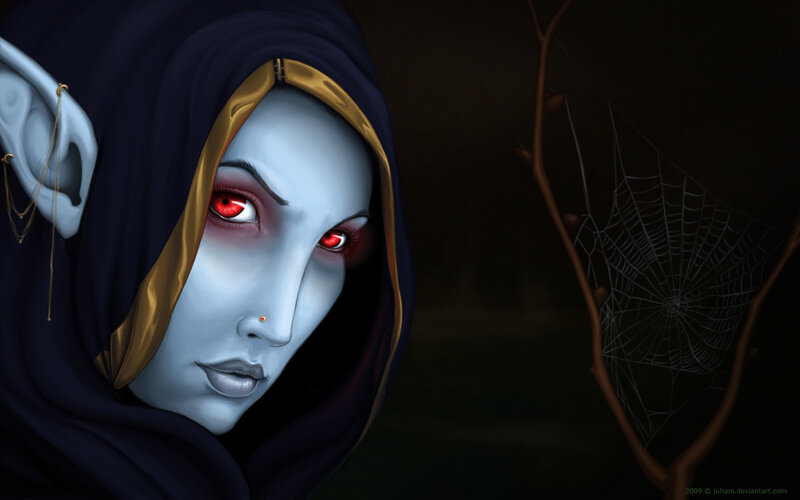 blue-skinned elf with red eyes