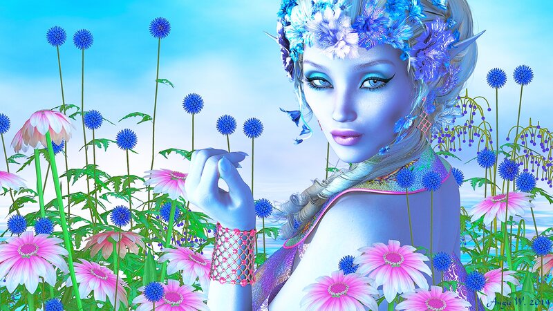 Blue-skinned Elf Woman — Blue, Serene
