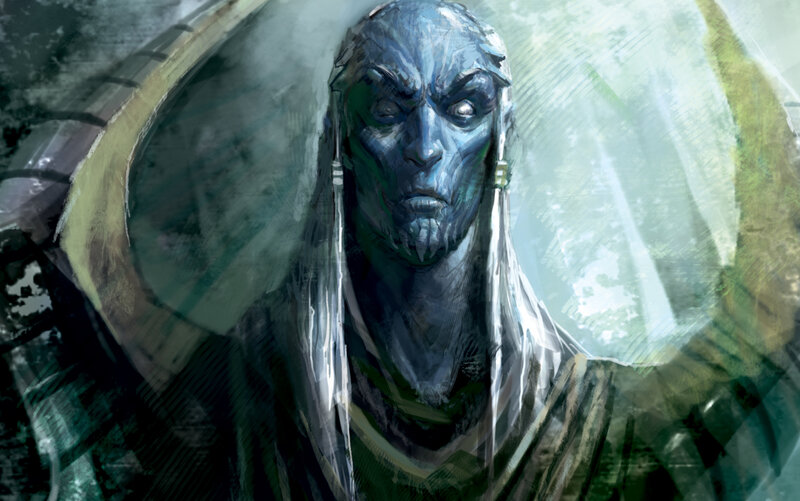 blue-skinned fantasy character portrait