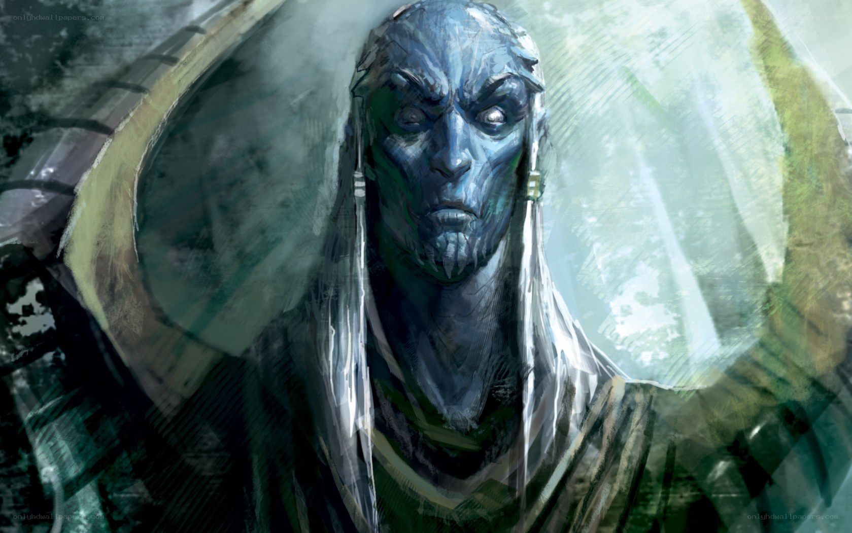 blue-skinned fantasy character portrait