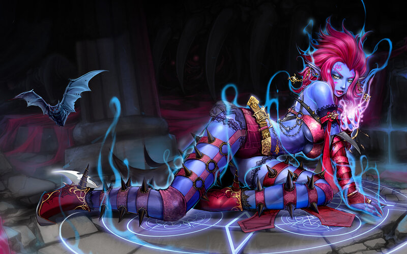 blue-skinned fantasy sorceress