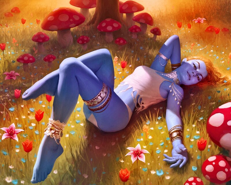 Blue-skinned figure in a mushroom field