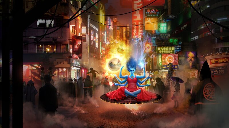 Blue-skinned figure in neon city