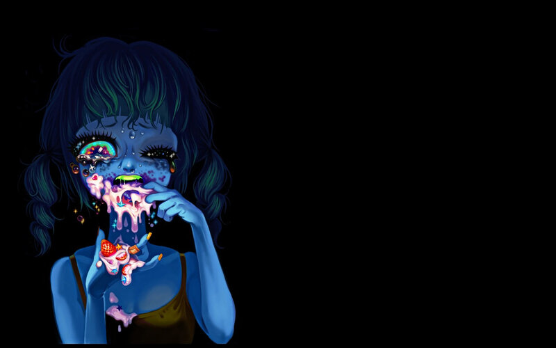 blue-skinned girl with glowing eyes