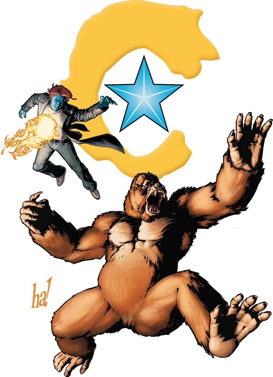 Blue-skinned hero vs giant ape