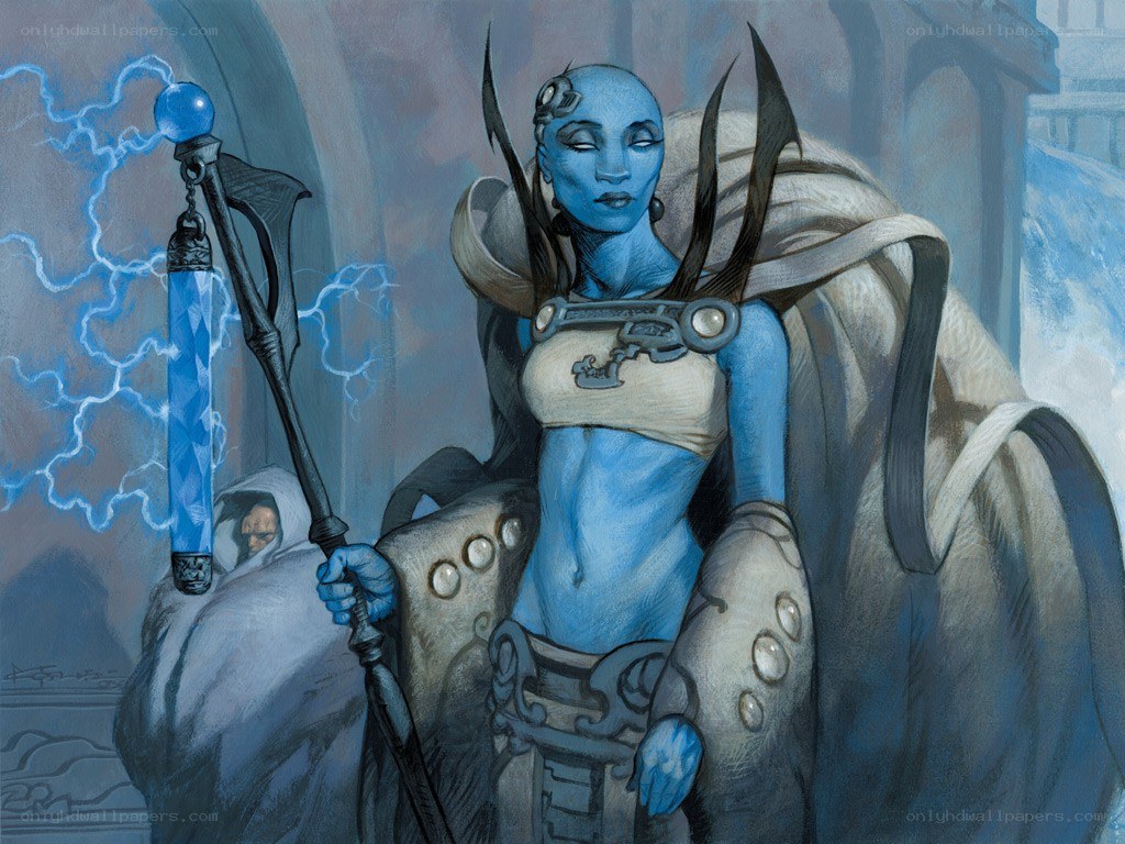 Blue-skinned mage with staff