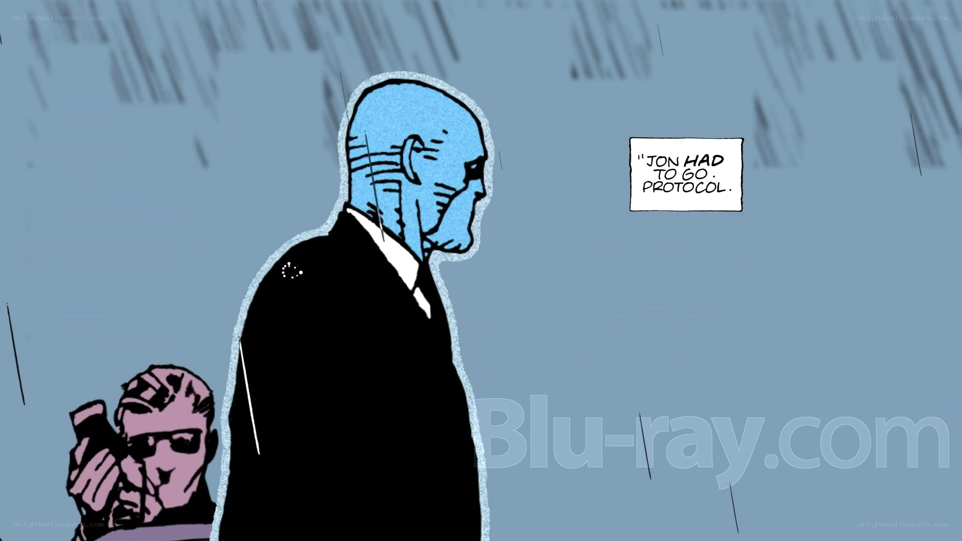 blue-skinned man in rain