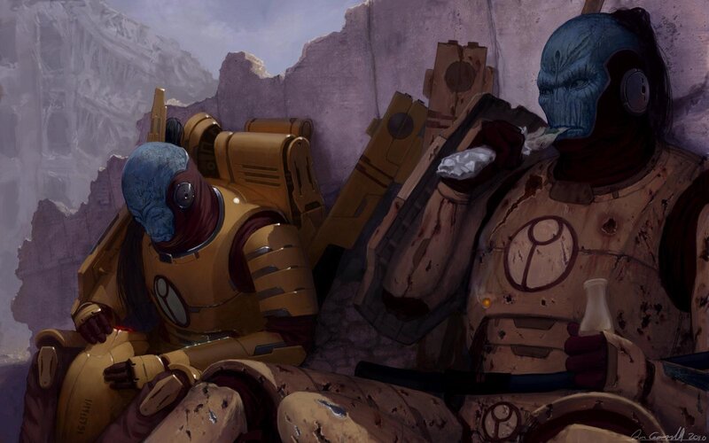 Blue-skinned Soldiers in Armor — Brown, Dramatic