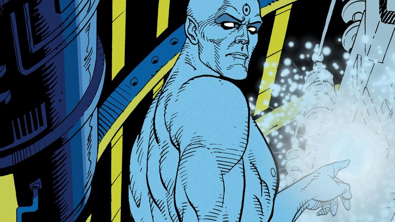 Blue-skinned superhero in comic panel