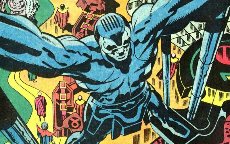 Blue-skinned superhero in comic panel