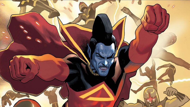 Blue-skinned Superhero — Red, Dramatic