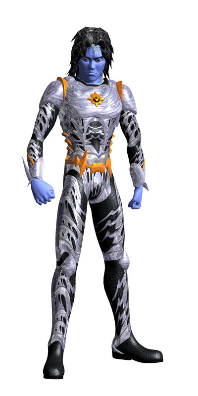 blue-skinned warrior character
