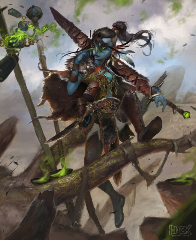 Blue-skinned Warrior — Green, Dramatic, Digital Art