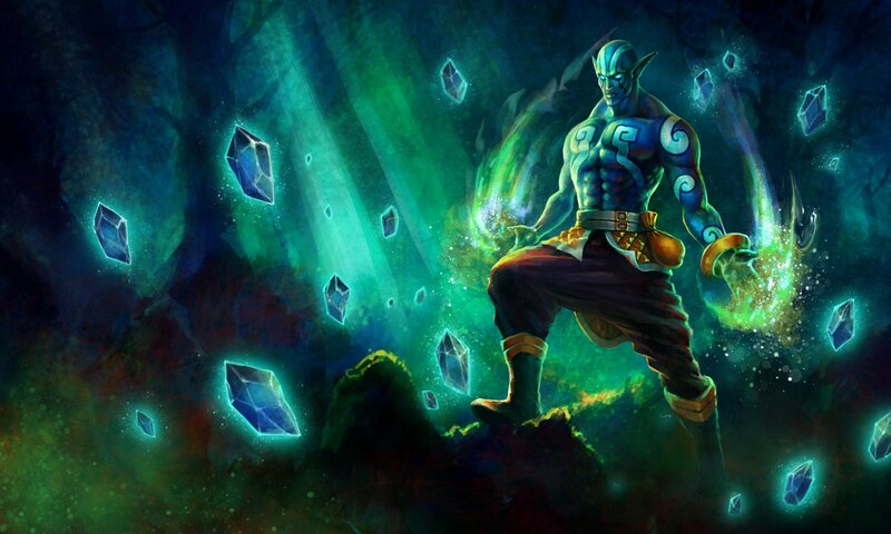 blue-skinned warrior with crystals