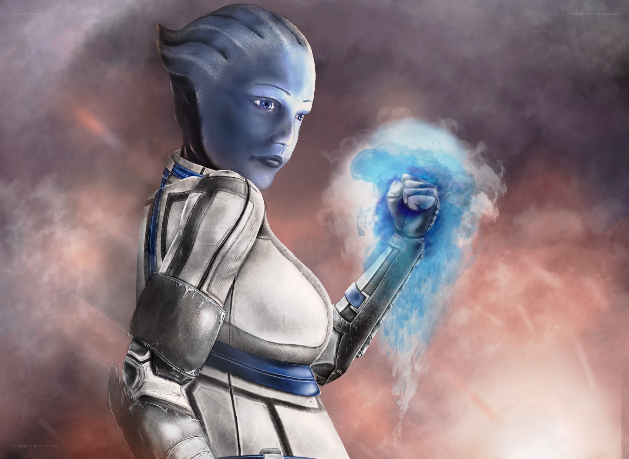 blue-skinned warrior with energy