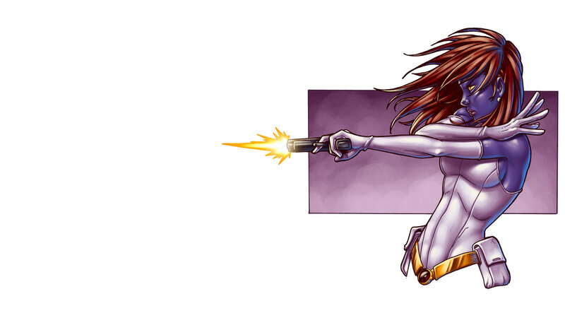 blue-skinned woman firing gun
