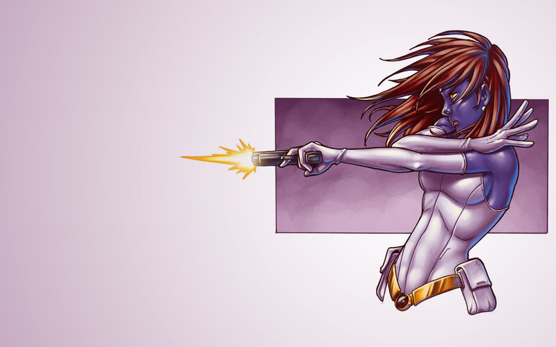 blue-skinned woman firing gun