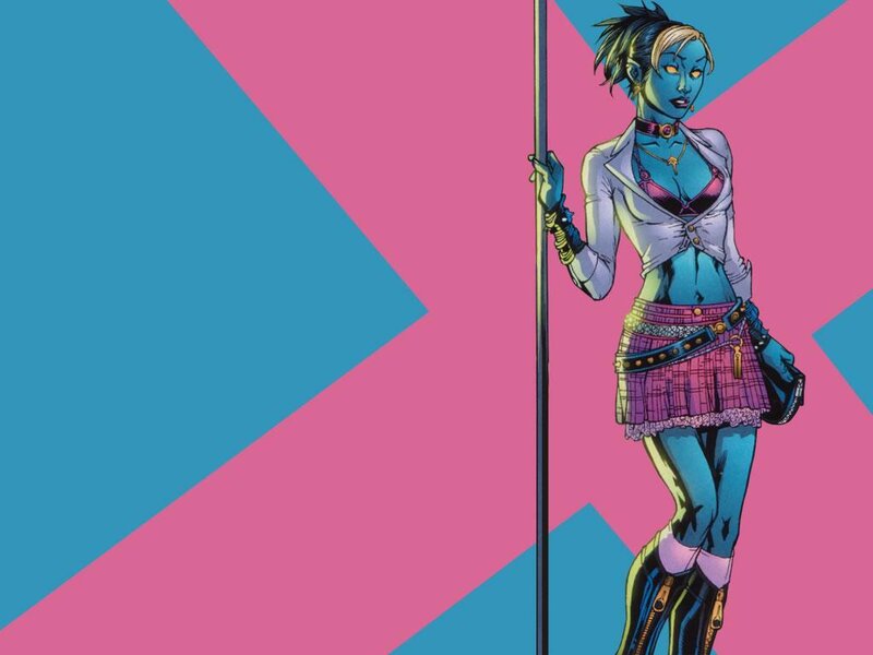 Blue-skinned Woman Holding Pole